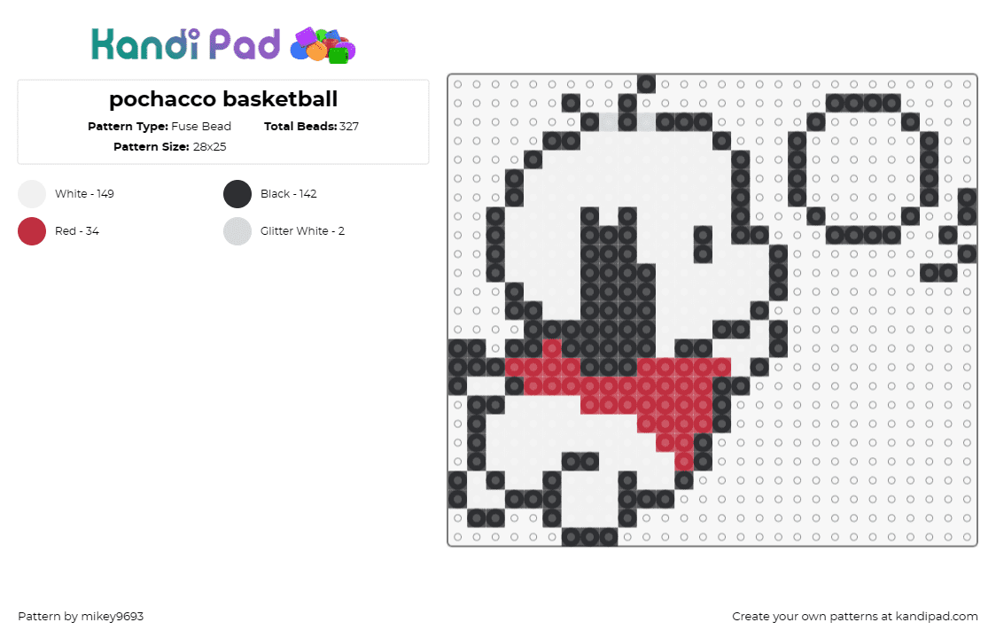 pochacco basketball - Fuse Bead Pattern by mikey9693 on Kandi Pad - pochacco,sanrio,basketball,dog,kawaii,cute,sports,white,red