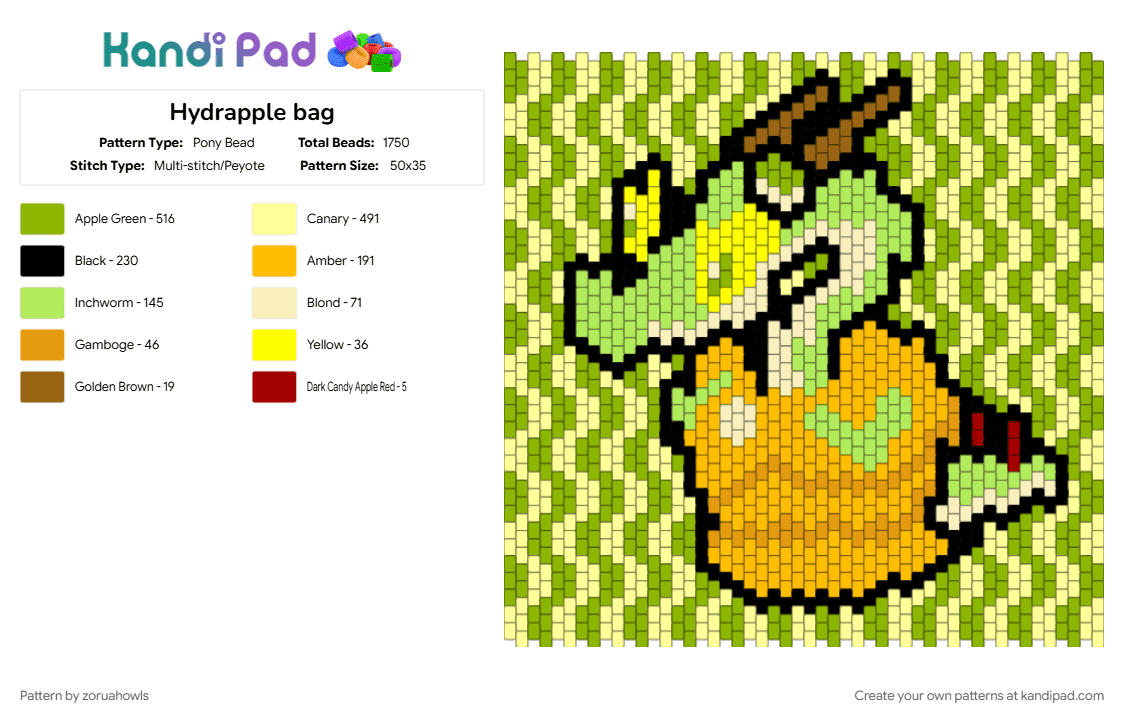 Hydrapple bag - Pony Bead Pattern by zoruahowls on Kandi Pad - green, yellow