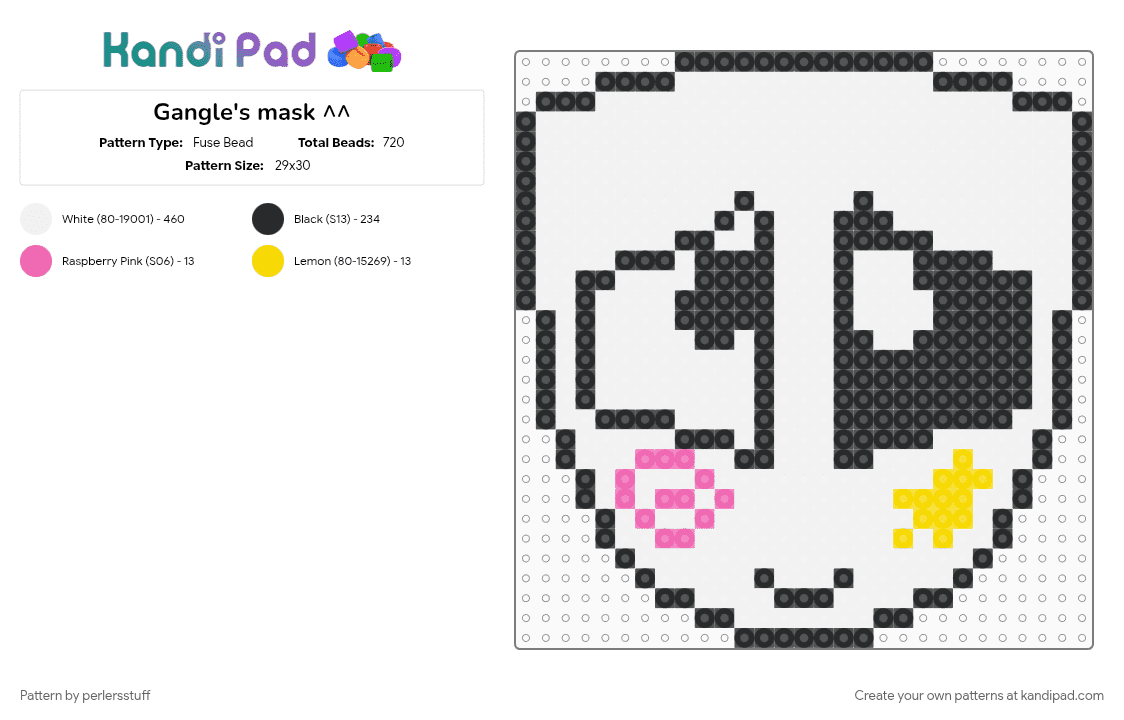 Gangle\'s mask ^^ - Fuse Bead Pattern by perlersstuff on Kandi Pad - gangle tadc, mask, pink, tadc, white, yellow