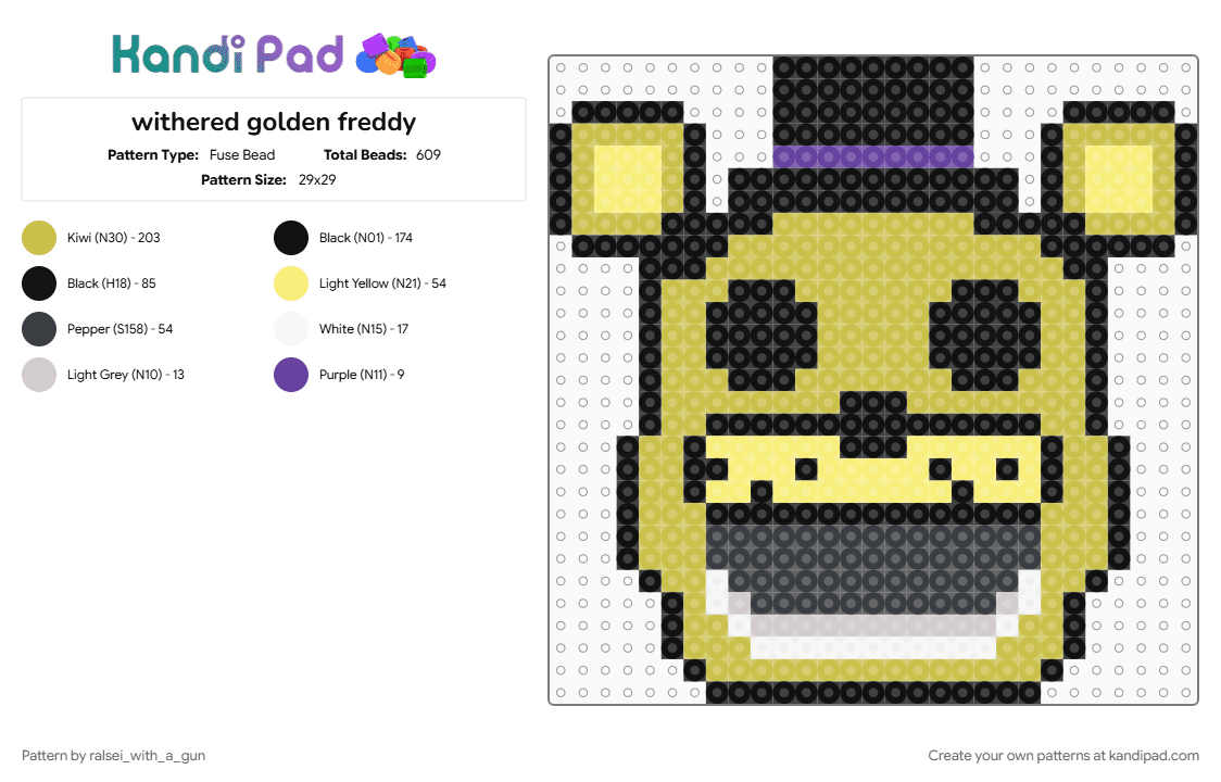 withered golden freddy - Fuse Bead Pattern by ralsei_with_a_gun on Kandi Pad - black, character, five nights at freddys, fnaf, golden freddy, head, horror, spooky, video game, yellow