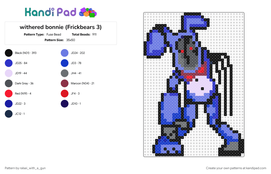 withered bonnie (Frickbears 3) - Fuse Bead Pattern by ralsei_with_a_gun on Kandi Pad - blue, character, fnaf, frickbears 3, gaming, purple, spookyrick, video game
