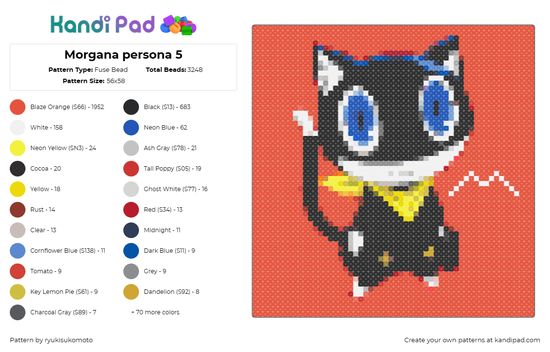 Morgana persona 5 - Fuse Bead Pattern by ryukisukomoto on Kandi Pad - morgana,persona,cat,character,bandana,video game,smile,black,orange