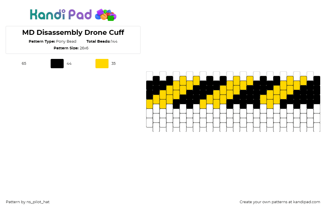 MD Disassembly Drone Cuff - Pony Bead Pattern by ns_pilot_hat on Kandi Pad - murder drones,caution,cuff,diagonal,stripes,animation,yellow,black