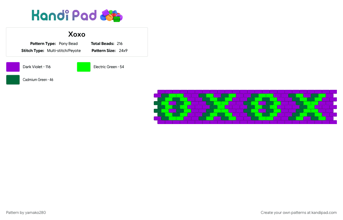 Xoxo - Pony Bead Pattern by yamako280 on Kandi Pad - green, purple