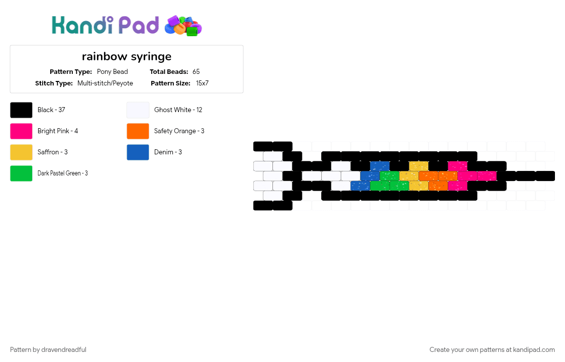 rainbow syringe - Pony Bead Pattern by dravendreadful on Kandi Pad - black, blue, colorful, glitter beads, medical, orange, rainbow, white