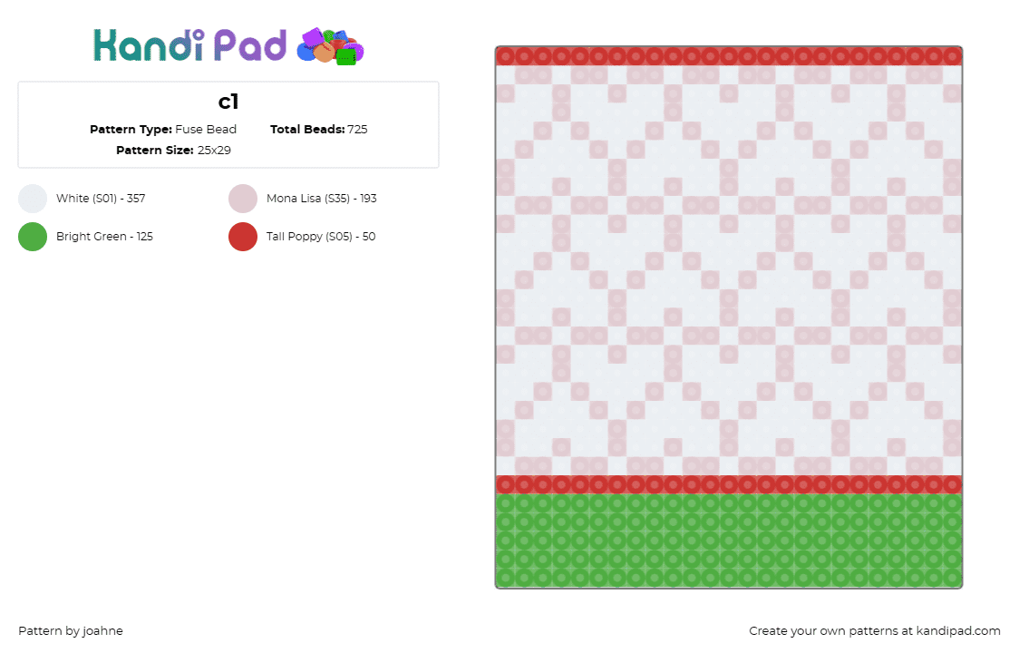 c1 - Fuse Bead Pattern by joahne on Kandi Pad - hearts,repeating,valentine,panel,green,white