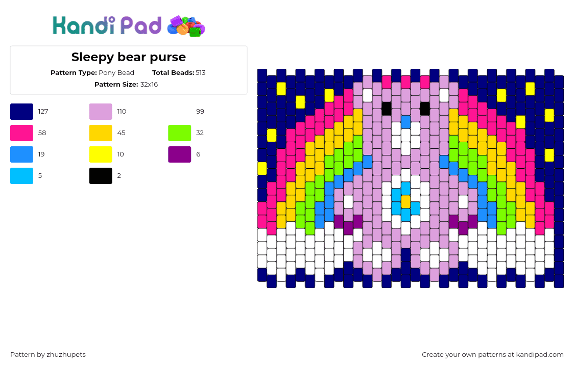 Sleepy bear purse - Pony Bead Pattern by zhuzhupets on Kandi Pad - sleepy bear,care bears,rainbow,character,teddy,panel,bag,purse,colorful,light bl