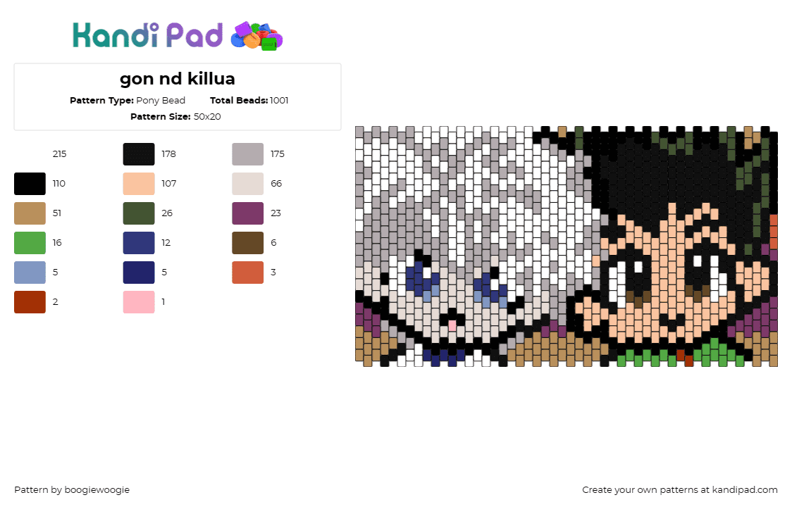 gon nd killua - Pony Bead Pattern by boogiewoogie on Kandi Pad - gon,killua,hunter x hunter,characters,anime,cuff,colorful,tv show,white,tan,gray