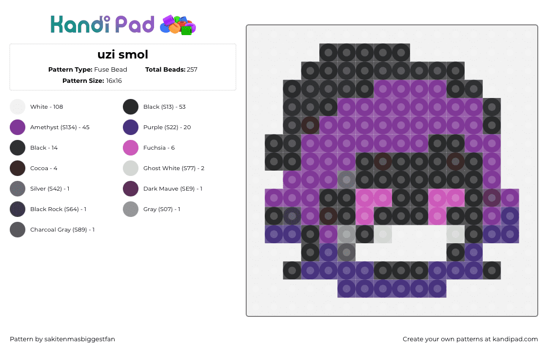 uzi smol - Fuse Bead Pattern by sakitenmasbiggestfan on Kandi Pad - uzi doorman,murder drones,character,tv show,horror,animation,purple,black