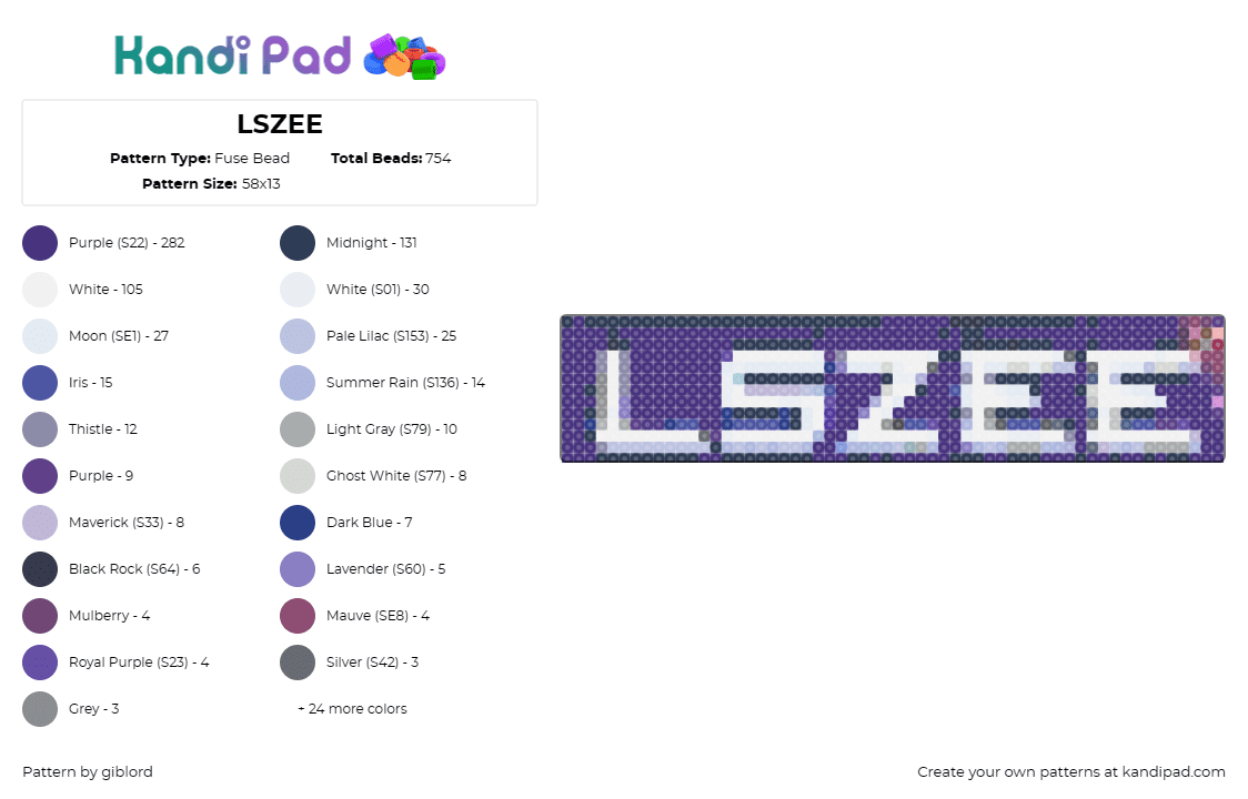 LSZEE - Fuse Bead Pattern by giblord on Kandi Pad - clozee,lsdream,logo,mashup,dj,music,edm,white,purple