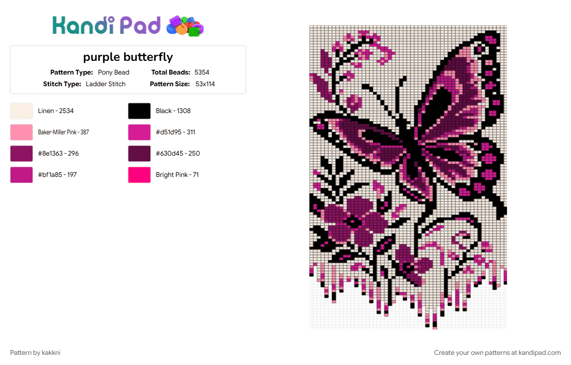 purple butterfly - Pony Bead Pattern by kakkni on Kandi Pad - pink, white