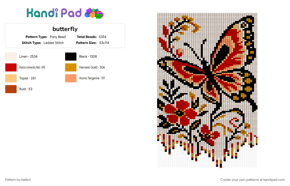 butterfly - Pony Bead Pattern by kakkni on Kandi Pad - orange, red, white