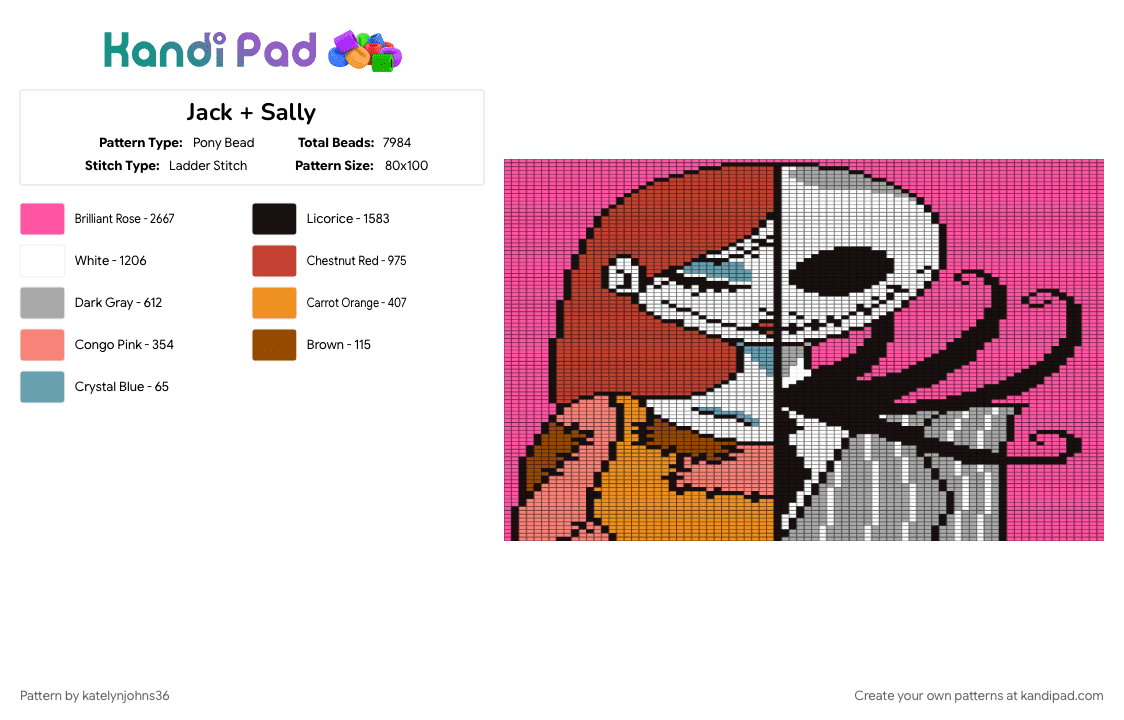 Jack + Sally - Pony Bead Pattern by katelynjohns36 on Kandi Pad - pink, red
