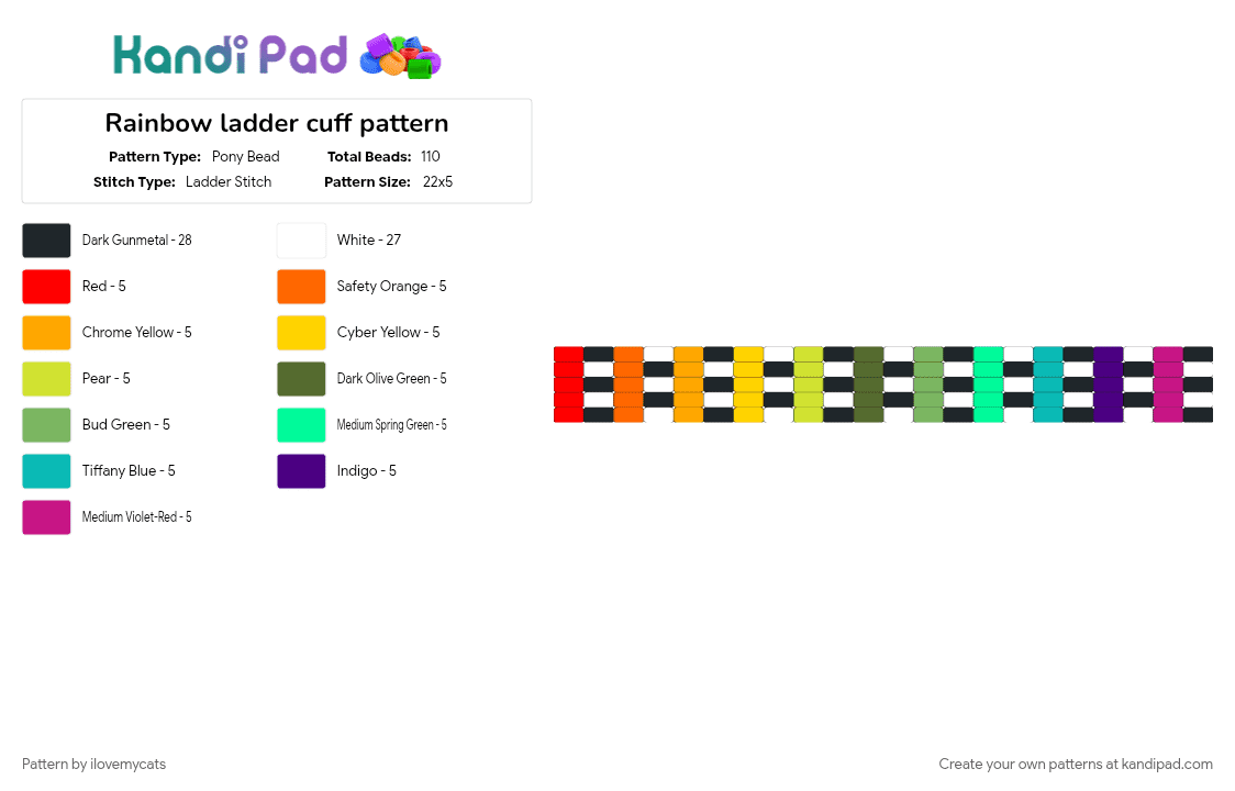 Rainbow ladder cuff pattern - Pony Bead Pattern by ilovemycats on Kandi Pad - checkerboard, orange, rainbow, teal, yellow