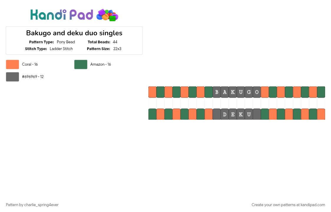 Bakugo and deku duo singles - Pony Bead Pattern by charlie_spring4ever on Kandi Pad - orange, teal