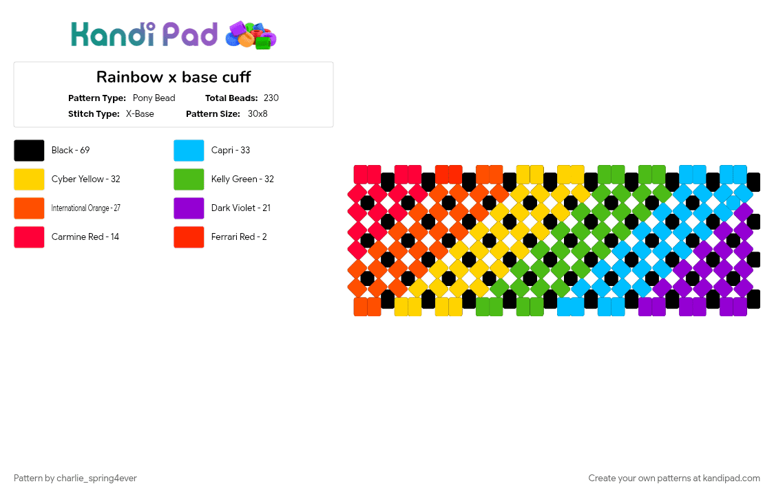 Rainbow x base cuff - Pony Bead Pattern by charlie_spring4ever on Kandi Pad - green, light blue, orange, rainbow, yellow
