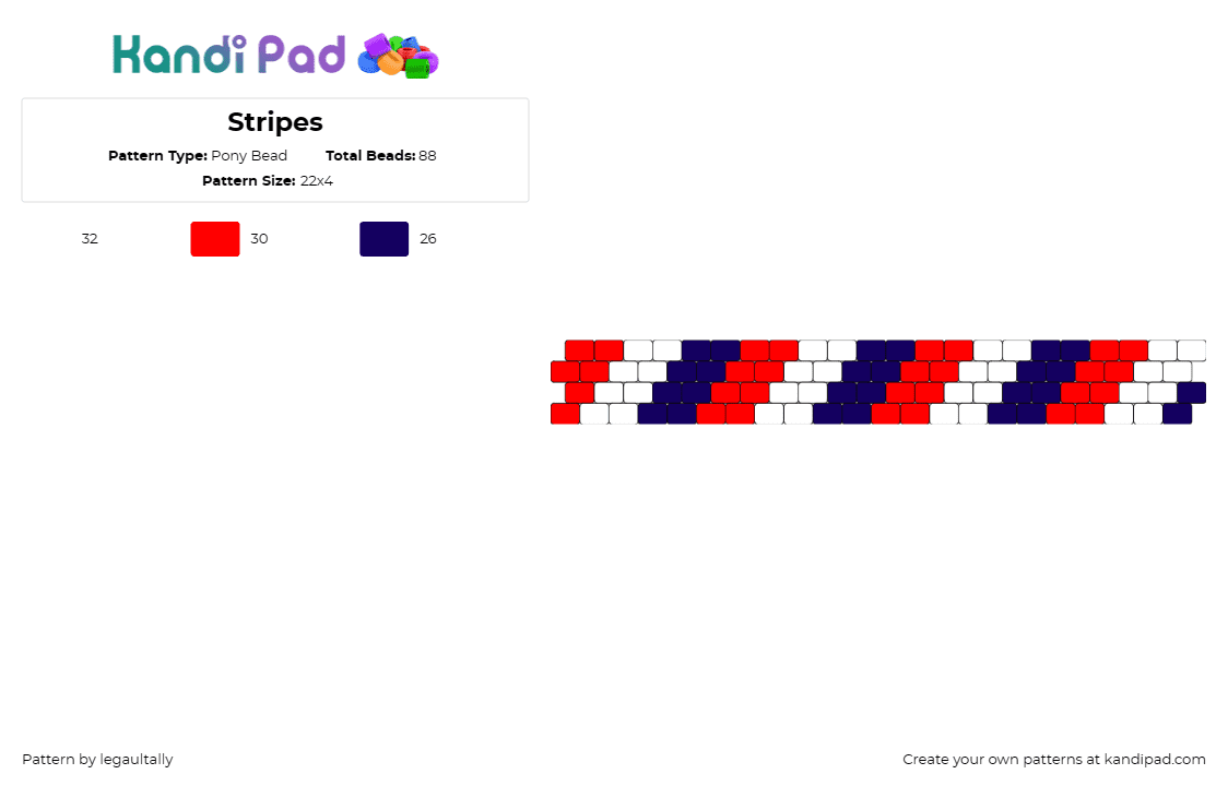 Stripes - Pony Bead Pattern by legaultally on Kandi Pad - diagonal,stripes,bracelet,cuff,blue,red,white