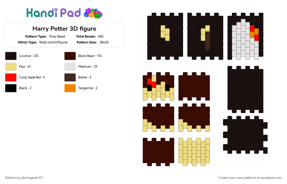 Harry Potter 3D figure - Pony Bead Pattern by abstragedy101 on Kandi Pad - 3d, black, brown, harry potter, magic, movie, simple, yellow