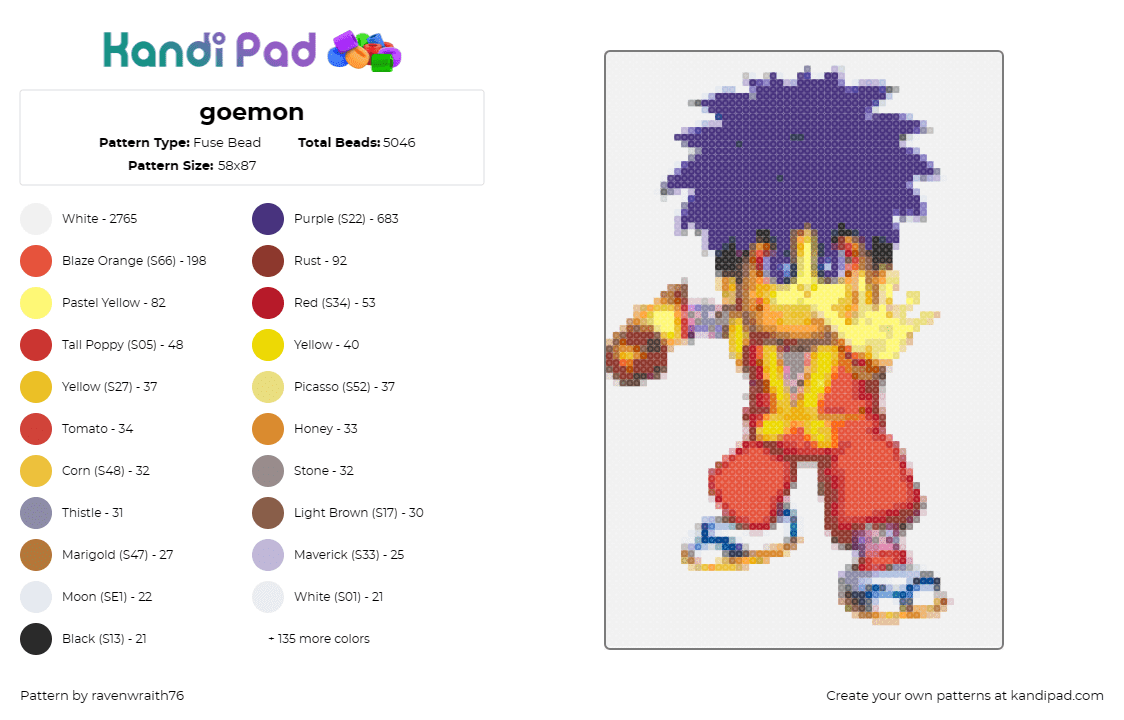 goemon - Fuse Bead Pattern by ravenwraith76 on Kandi Pad - ganbare goemon,mystical ninja,konami,character,video game,purple,red,yellow