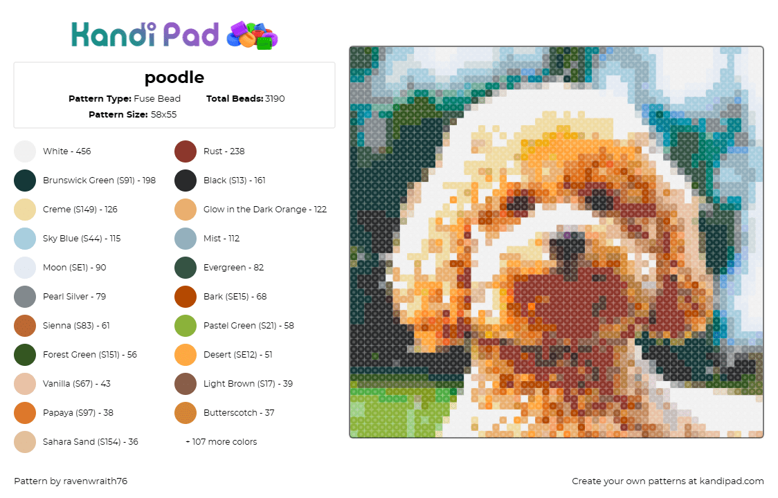 poodle - Fuse Bead Pattern by ravenwraith76 on Kandi Pad - poodle,dog,animal,pet,cute,portrait,brown,orange