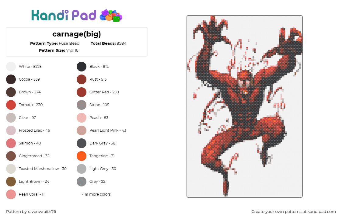 carnage(big) - Fuse Bead Pattern by ravenwraith76 on Kandi Pad - carnage,marvel,spiderman,character,red