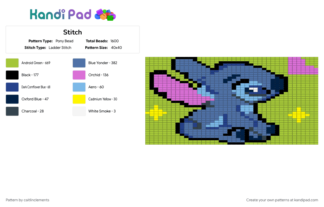 Stitch - Pony Bead Pattern by caitlinclements on Kandi Pad - blue, green, stitch