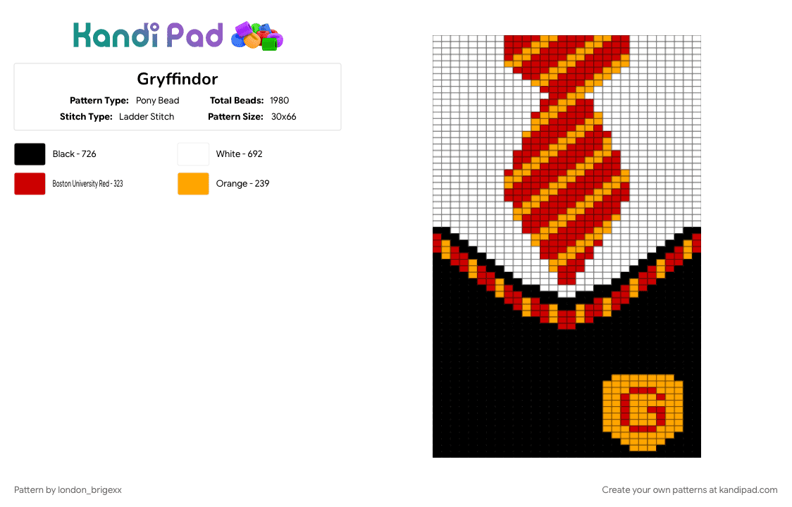 Gryffindor - Pony Bead Pattern by london_brigexx on Kandi Pad - orange, red