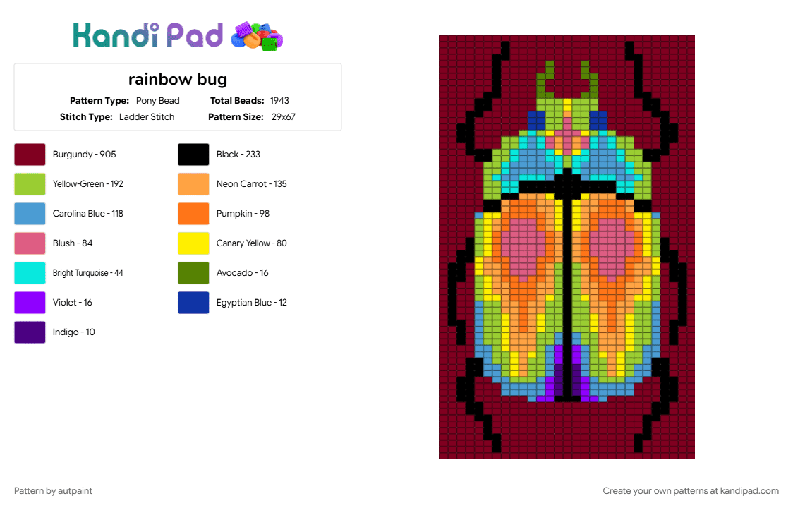rainbow bug - Pony Bead Pattern by autpaint on Kandi Pad - brown, orange