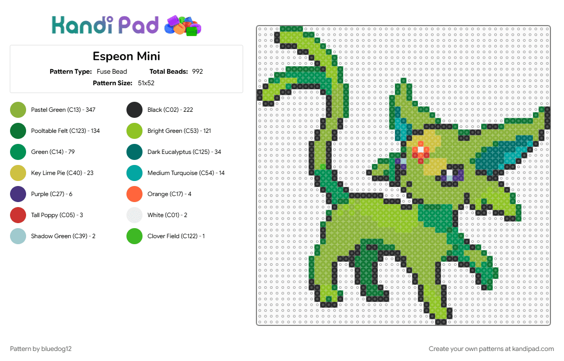 Espeon Mini - Fuse Bead Pattern by bluedog12 on Kandi Pad - green