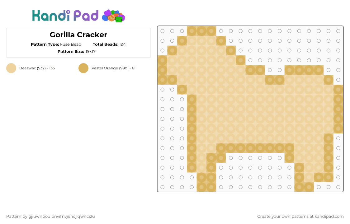 Gorilla Cracker - Fuse Bead Pattern by gjiuwnbouibnvifnvjencjlqwnci2u on Kandi Pad - orange,beige,cracker,animal cracker,animal,gorilla