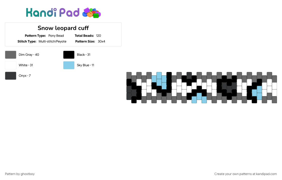 Snow leopard cuff - Pony Bead Pattern by ghostboy on Kandi Pad - cufff, gray, leopard, therian