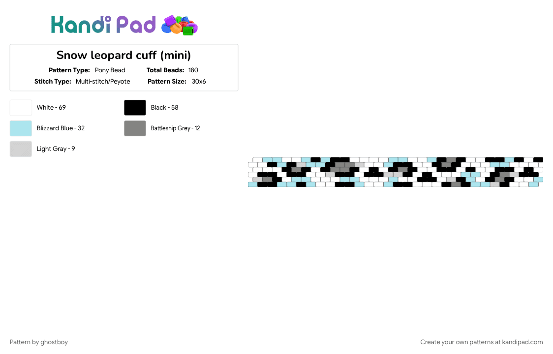 Snow leopard cuff (mini) - Pony Bead Pattern by ghostboy on Kandi Pad - gray, light blue, white