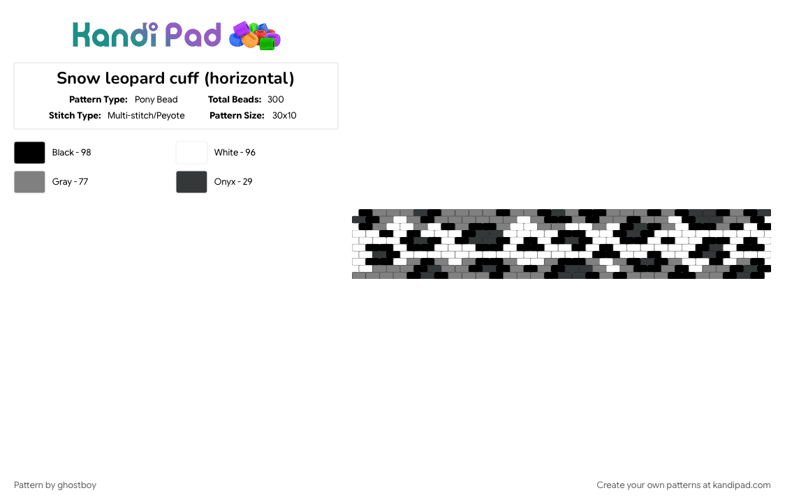Snow leopard cuff (horizontal) - Pony Bead Pattern by ghostboy on Kandi Pad - gray, white