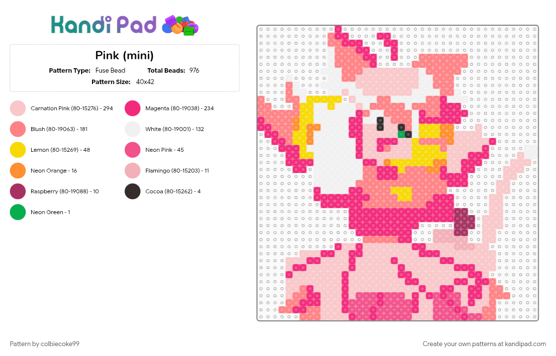 Pink (mini) - Fuse Bead Pattern by colbiecoke99 on Kandi Pad - catgirl, deltarune, hatsuenae miku, mad mew mew, pink