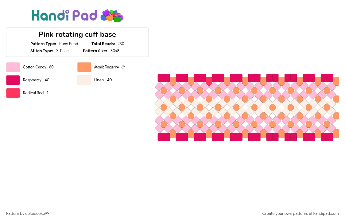 Pink rotating cuff base - Pony Bead Pattern by colbiecoke99 on Kandi Pad - catgirl, deltarune, flowers, mad mew mew, orange, pink, undertale