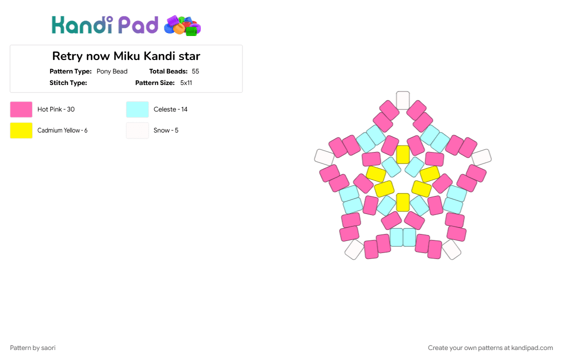 Retry now Miku Kandi star - Pony Bead Pattern by saori on Kandi Pad - magical girl, miku hatsune, pink, retry now, retry now miku, yandere