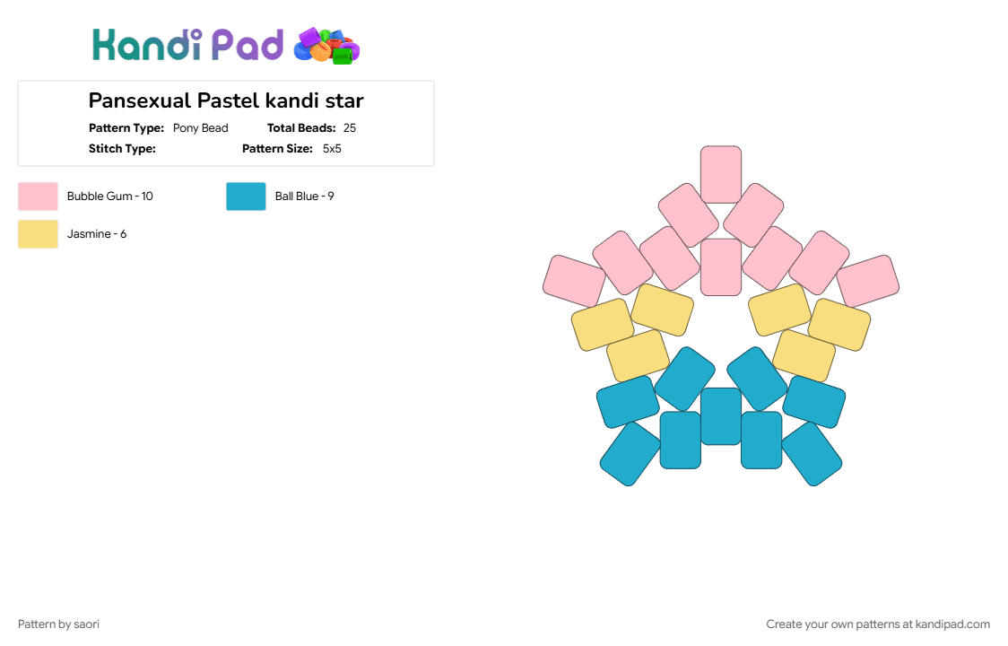 Pansexual Pastel kandi star - Pony Bead Pattern by saori on Kandi Pad - cute, light blue, pan, pansexual, pastel, pink, star