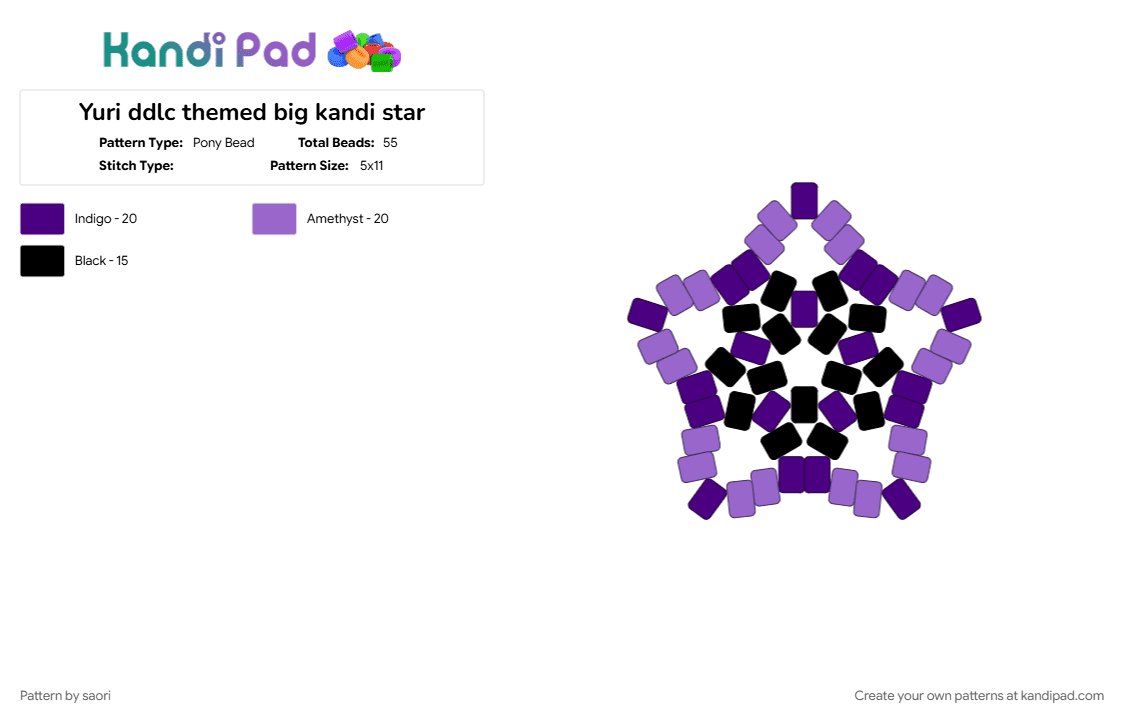 Yuri ddlc themed big kandi star - Pony Bead Pattern by saori on Kandi Pad - black, ddlc, purple, purples, star, yuri ddlc
