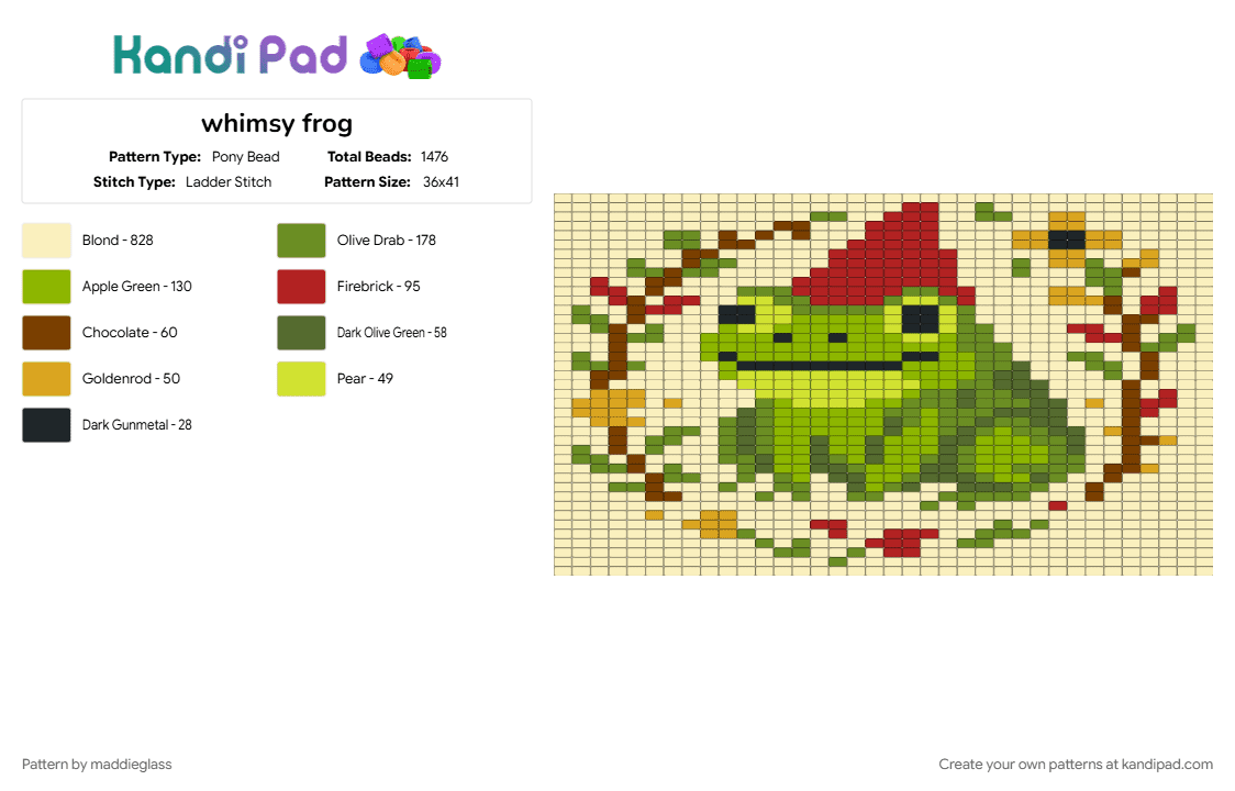whimsy frog - Pony Bead Pattern by maddieglass on Kandi Pad - green, yellow