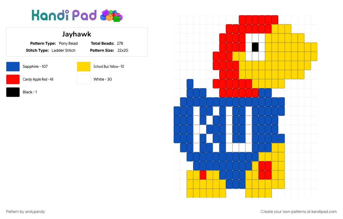 Jayhawk - Pony Bead Pattern by andypandy on Kandi Pad - blue, yellow