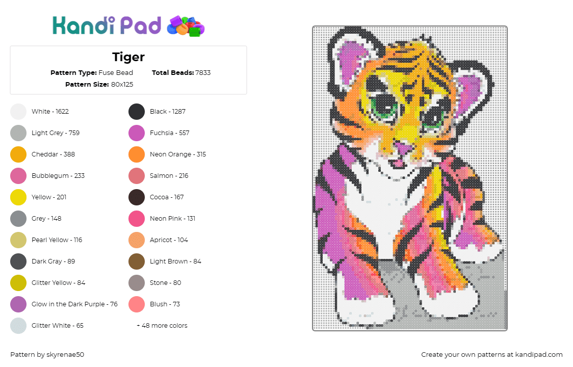 Tiger - Fuse Bead Pattern by skyrenae50 on Kandi Pad - tiger,cub,lisa frank,animal,cute,colorful,pink,orange,white