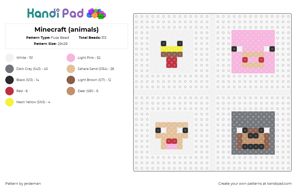 Minecraft (animals) - Fuse Bead Pattern by jerdeman on Kandi Pad - minecraft,pig,chicken,video game,colorful,white,gray,pink