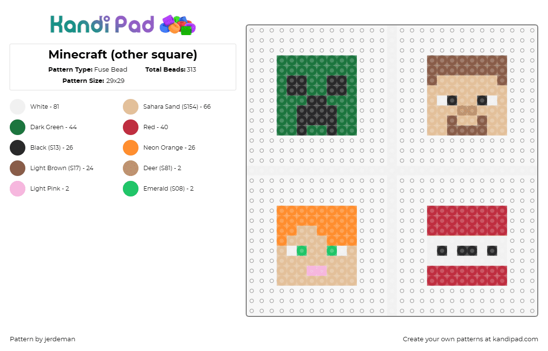 Minecraft (other square) - Fuse Bead Pattern by jerdeman on Kandi Pad - minecraft,creeper,blocks,video game,colorful,green,tan