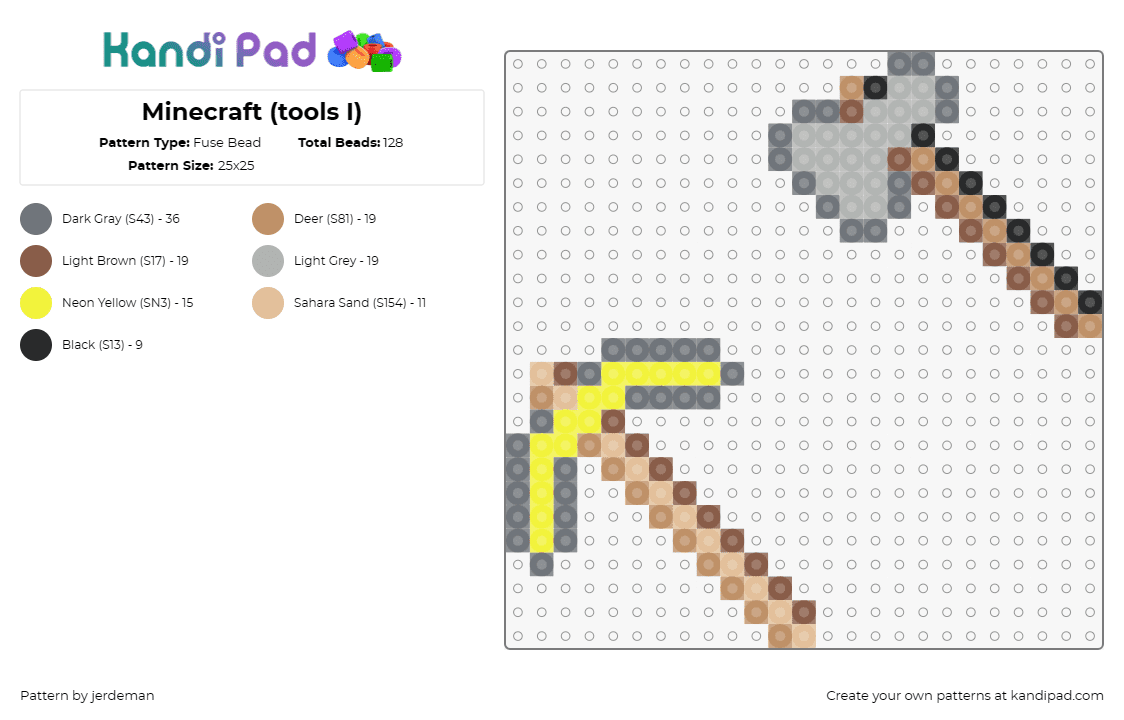 Minecraft (tools I) - Fuse Bead Pattern by jerdeman on Kandi Pad - minecraft,pick,axe,tools,video game,yellow,gray,tan