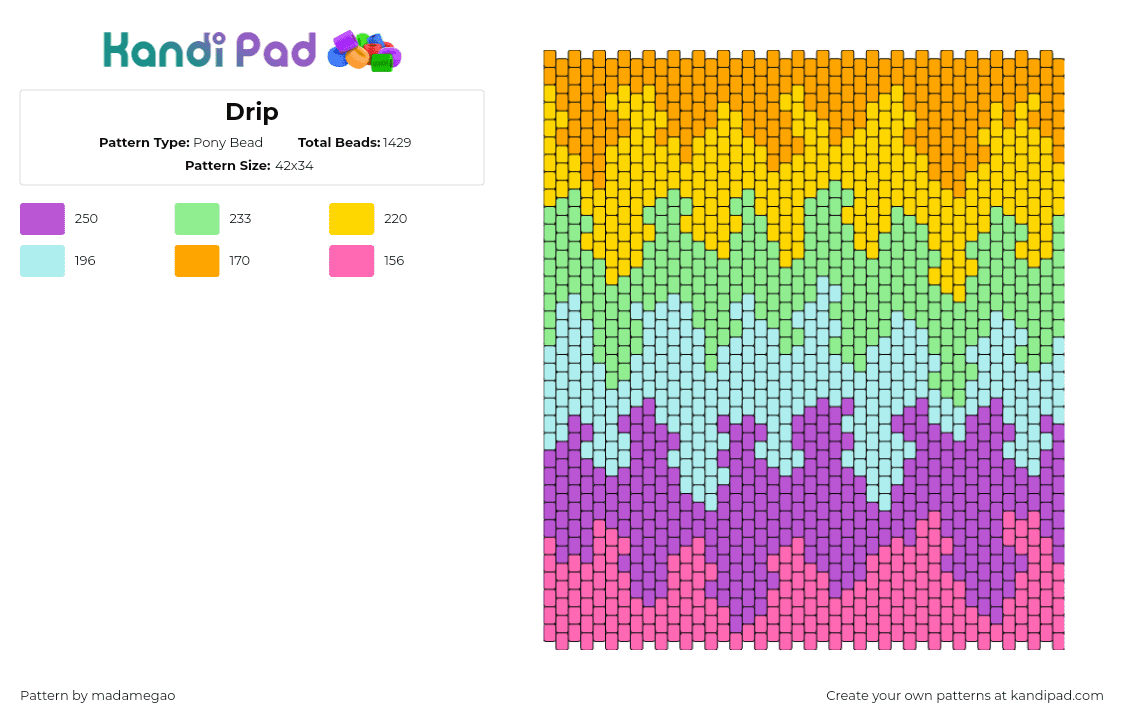 Drip - Pony Bead Pattern by madamegao on Kandi Pad - drippy,gradient,colorful,panel,orange,teal,purple