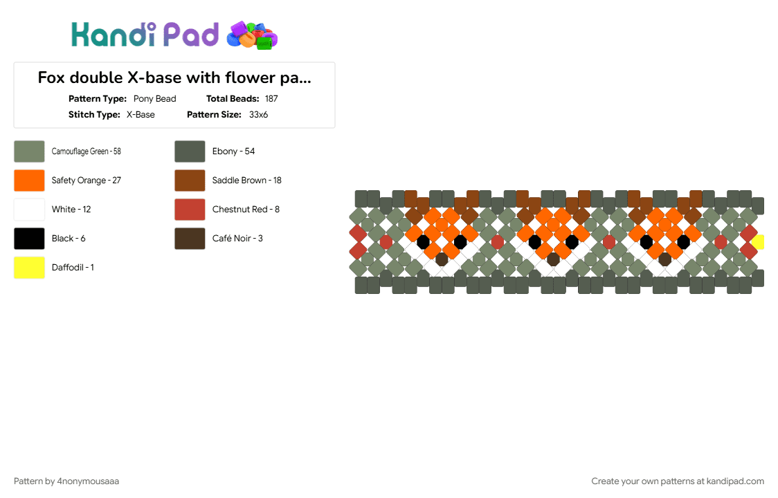Fox double X-base with flower pattern :D - Pony Bead Pattern by 4nonymousaaa on Kandi Pad - animal, animals, flower, flowers, fox, foxes, gray, nature, x base