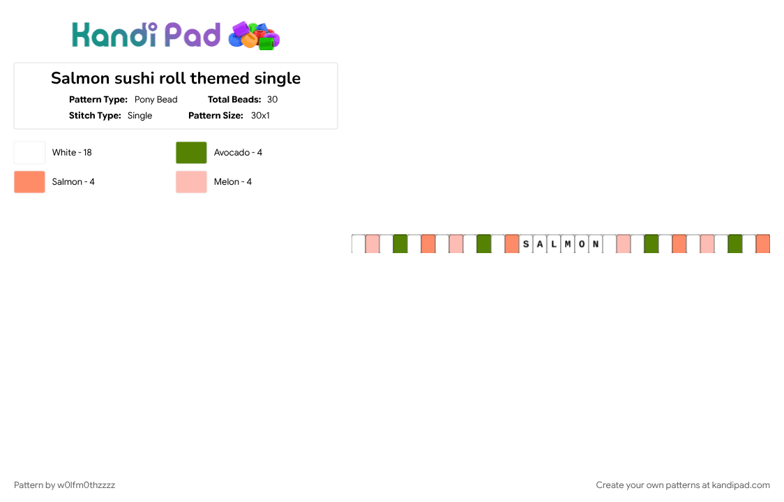 Salmon sushi roll themed single - Pony Bead Pattern by w0lfm0thzzzz on Kandi Pad - beige, cotdseafood, green, orange, salmon, single, white