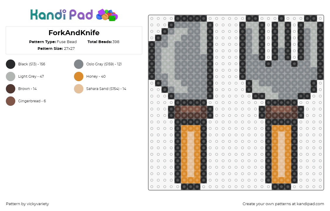 ForkAndKnife - Fuse Bead Pattern by vickyvariety on Kandi Pad - knife,fork,silverware,utensils,food,gray,orange