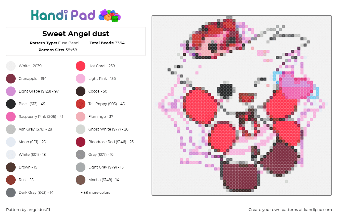 Sweet Angel dust - Fuse Bead Pattern by angeldust11 on Kandi Pad - angel dust,hazbin hotel,chibi,helluva boss,animation,tv show,pink,white