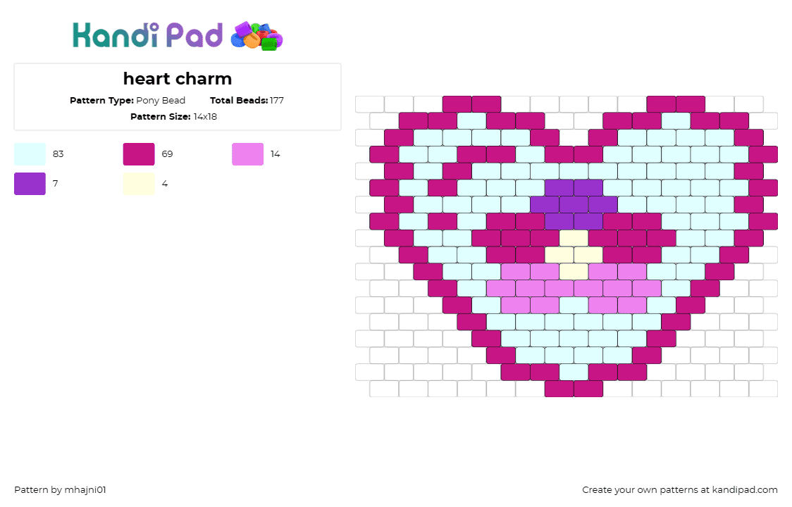 heart charm - Pony Bead Pattern by mhajni01 on Kandi Pad - heart,flower,love,bloom,pastel,light blue,pink